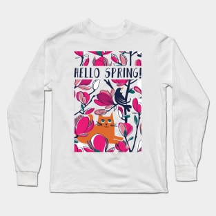 Hello Spring! // spot illustration with quote // orange tabby cat fuchsia pink Magnolia full bloom navy blue branches birds and lines Long Sleeve T-Shirt